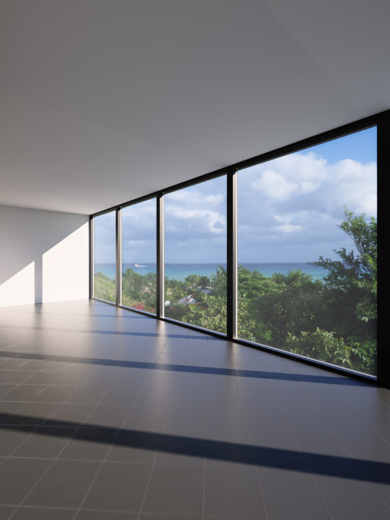 Große Glasfront mit Blick in die Natur